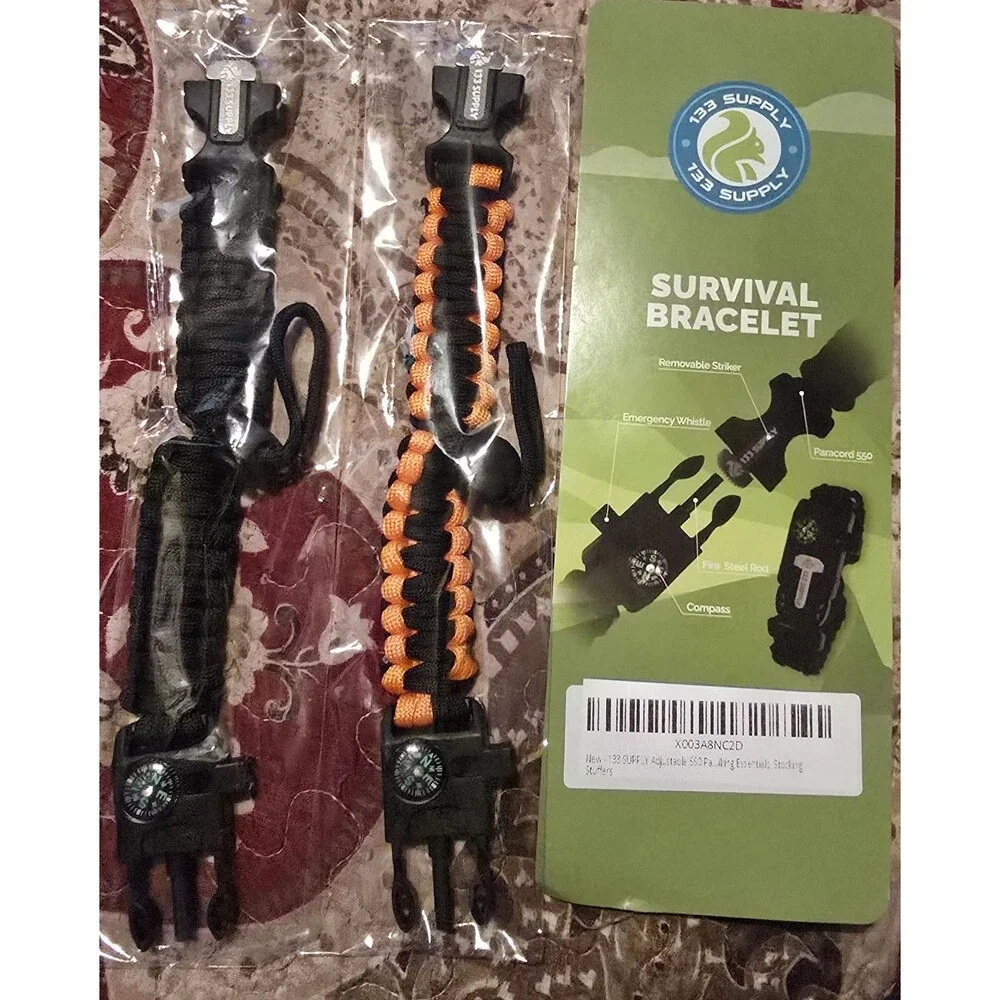 133 SUPPLY 2 PK Survival Paracord Bracelet Compass Hiking  Whistle Fire Starter